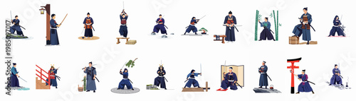 Collection of flat vector illustrations depicting various Japanese samurai warriors in traditional poses, costumes, and cultural settings.