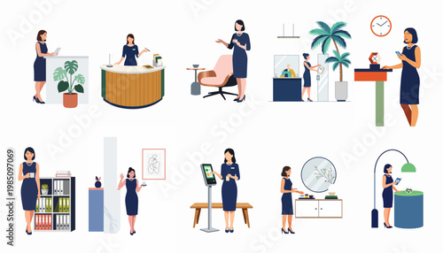 Set of flat vector illustrations featuring professional women working at a reception, hotel lobby, or modern office environment in navy blue dresses.