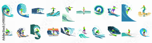 Collection of various surfing vector illustrations featuring male and female surfers riding diverse waves in a flat modern art style