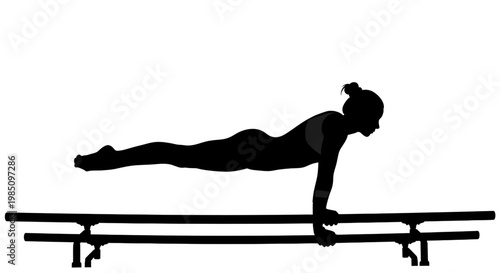 A female gymnast performing a balance exercise on parallel bars in a minimalist silhouette style