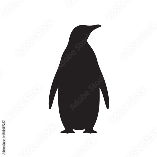 A black and white silhouette of a single penguin standing upright, with a minimalist and clean design.
