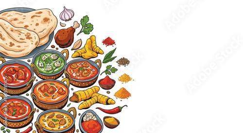 Indian Food Vector Illustration with Various Curries, Naan Bread, Spices, and Cooking Ingredients