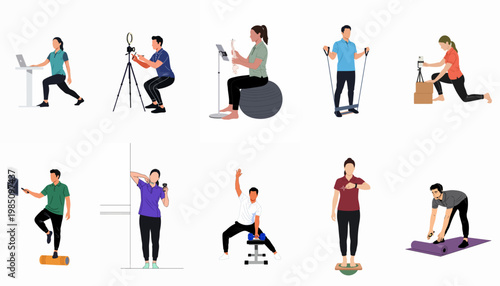 Collection of vector illustrations depicting online fitness coaching, telehealth physical therapy, and people exercising at home with digital technology and equipment.