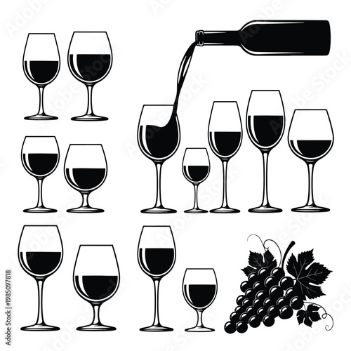Set of black and white wine glasses and grapes icons.