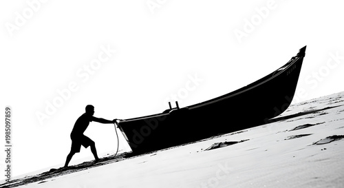 A man pulling a boat onto the shore in a serene and peaceful environment
