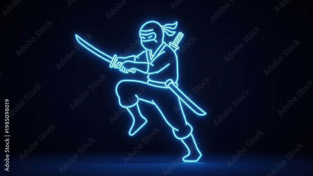 Obraz premium Blue neon illuminated ninja warrior brandishing a glowing katana in an energetic dynamic combat