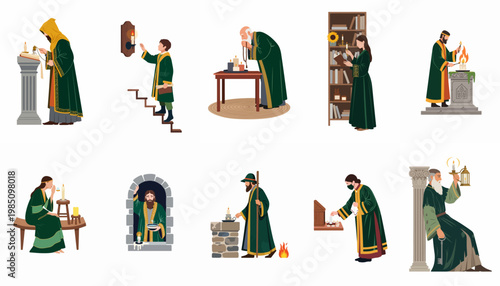 Collection of diverse medieval or fantasy characters in green robes performing spiritual and scholarly tasks, including monks, scholars, and clerics in various settings.