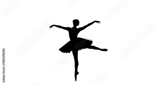 A black silhouette of a ballerina dancing in a graceful pose on a white background
