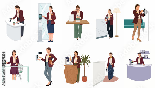 Flat illustration set of hotel staff using smart technology and biometric scanners for secure guest check-in and reception services.