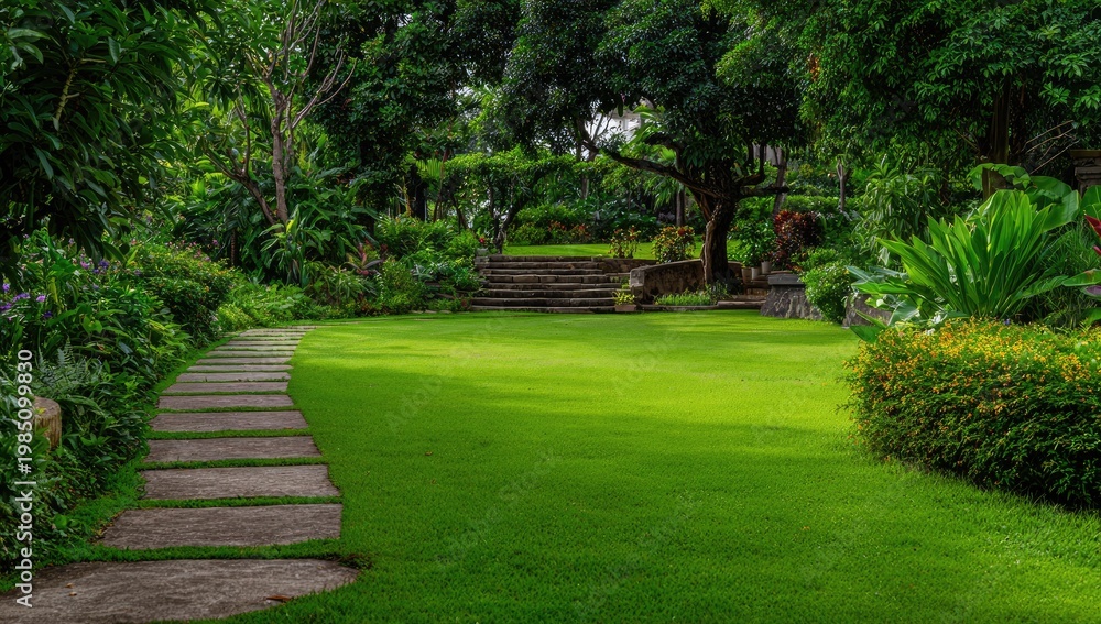 Fototapeta premium Lush green garden with stone path leading to stairs under trees. Sunny day