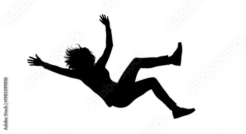 A minimalist vector graphic silhouette of a woman falling or jumping in mid-air