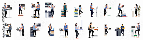 Collection of diverse creative professional characters working with technology video editing and photography equipment in flat vector illustration style