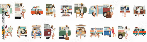 A collection of flat illustrations depicting a young woman traveling, planning routes, and enjoying the van life adventure with a vintage camper van.