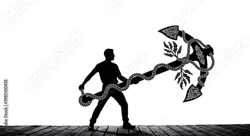 A black silhouette of a man pulling a rope with an axe and leaves on a wooden floor