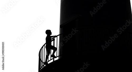 A silhouette of a child climbing a railing on a tall structure