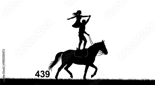 A black silhouette illustration of a girl and boy riding a horse with a number on the grass