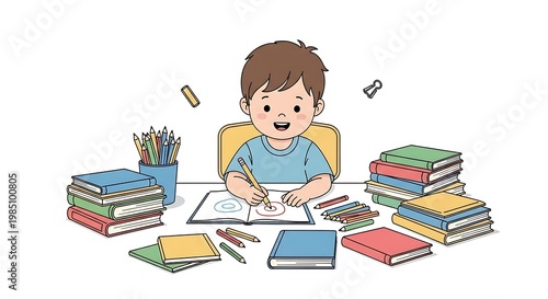 Boy sitting at desk with books.