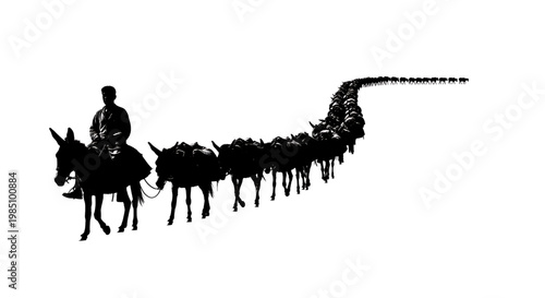 A minimalist vector graphic illustration of a man leading a long line of donkeys in a silhouette design