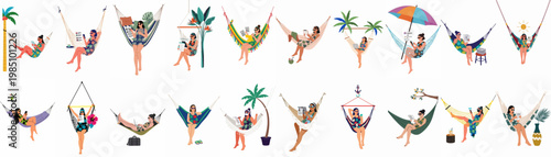 Set of illustrations of a woman working remotely in a hammock, featuring a digital nomad lifestyle, job hunting, and summer vacation relaxation.