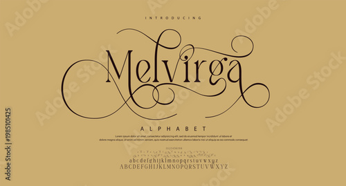 Melvirga Elegant alphabet letters font and number. Classic Lettering Minimal Fashion Designs. Typography fonts numbers serif uppercase and lowercase. vector illustration