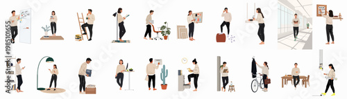 Vector set of young creative professionals working in home office and studio environments, showing daily routines and diverse work tasks in flat illustration style.