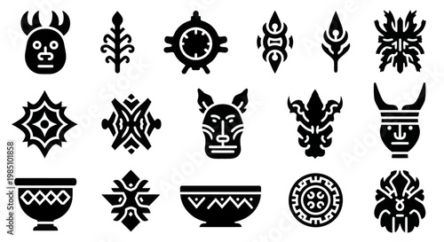 Collection of Tribal Symbols and Masks in Black and White.
