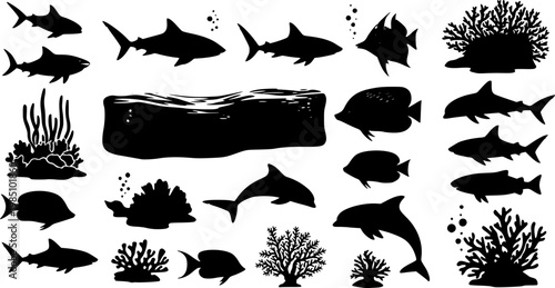 Ocean marine life silhouettes collection featuring sharks dolphins tropical reef fish and coral underwater sea nature elements for aquatic design projects