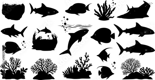 Ocean marine life silhouettes collection featuring sharks dolphins tropical reef fish and coral underwater sea nature elements for aquatic design projects