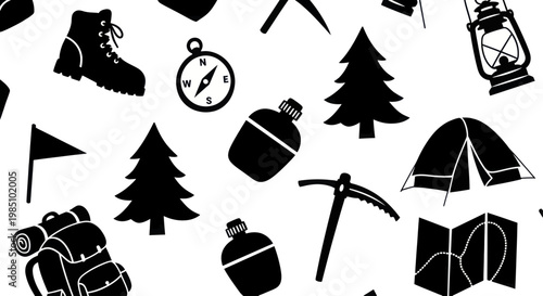 Seamless Pattern of Camping and Hiking Equipment Icons.