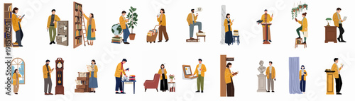 Set of flat characters in a library environment engaging in activities like reading, researching, and organizing books, isolated on white background.