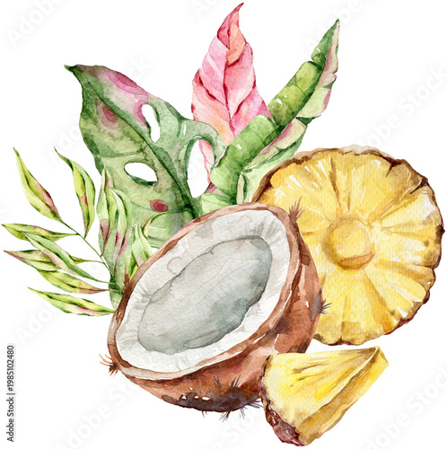 Watercolor tropical arrangement with coconut and pineapple on transparent background. Exotic fruit and palm leaf composition. Summer botanical illustration for greeting card and design.