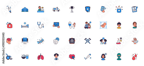 Medical icon set. Healthcare vector symbols pack. Includes syringe, hospital, nurse, ambulance, pills, stethoscope, doctor, heart, dna and more. Editable stroke.