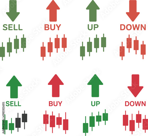 Financial trading set featuring red and green arrows with text labels and candlestick chart patterns for stock market analysis and investment strategy visualization on a white background