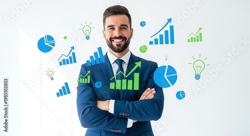 Businessman with arms crossed surrounded by graphs.