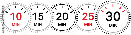 Five circular clock face showing ten fifteen twenty five and thirty minutes with alternating red and black numbers and tick marks arranged in a horizontal row on a white background