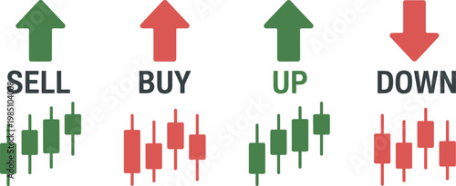Four financial trading featuring green and red arrows with corresponding text labels and candlestick chart patterns representing market movement trends for buy sell up and down actions