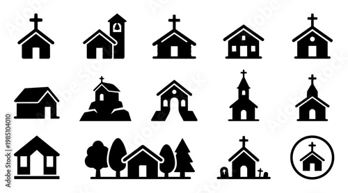 Chapel Icon Set Silhouette Collection – Small Church Buildings, Religious Architecture Symbols, Vector Black Icons