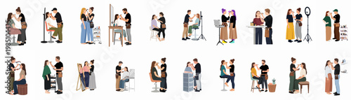 Collection of flat vector illustrations depicting professional makeup artists applying cosmetics to models in various studio and salon environments.