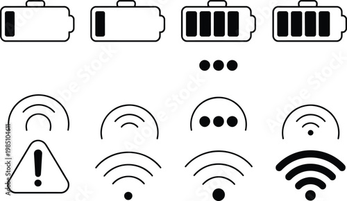 Set of black and white flat showing battery charge levels and wireless signal strength indicators with warning triangle and connection dots on a plain white background