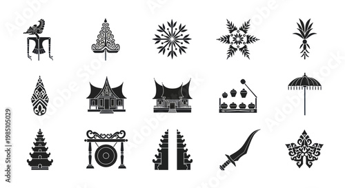 Collection of Traditional Indonesian Cultural Symbols and Icons.