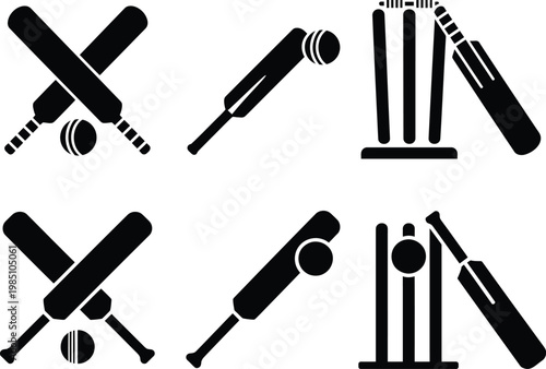 Set of black cricket featuring crossed bats balls and wickets displayed in two horizontal rows on a plain white background for sports branding and communication