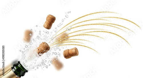 Champagne bottle popping with corks flying.