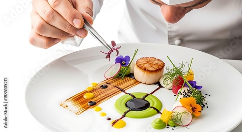Chef presenting gourmet food dish plate.