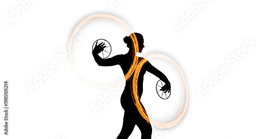 A vector graphic illustration of a woman in a dynamic pose, juggling two balls with a vibrant orange sash across her body.