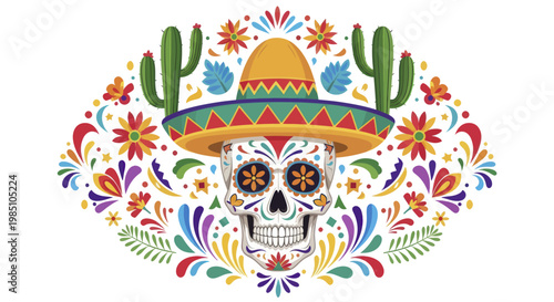 Colorful Sugar Skull with Sombrero and Cacti Day of the Dead Celebration.