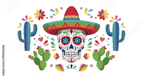 Colorful Sugar Skull with Sombrero and Cacti for Day of the Dead.