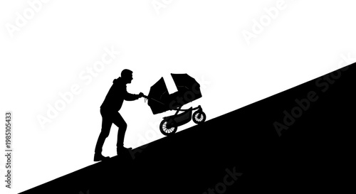 A minimalist vector graphic illustration of a person pushing a cart up a steep hill