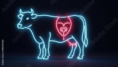 Digital neon illustration of a cow's internal organs highlighting the complex biological system