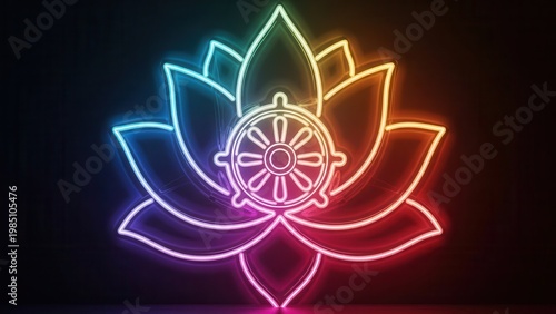Vibrant neon lotus and dharma wheel glowing with captivating spiritual energy