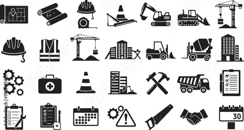 Construction Industry Icons and Symbols Set Black